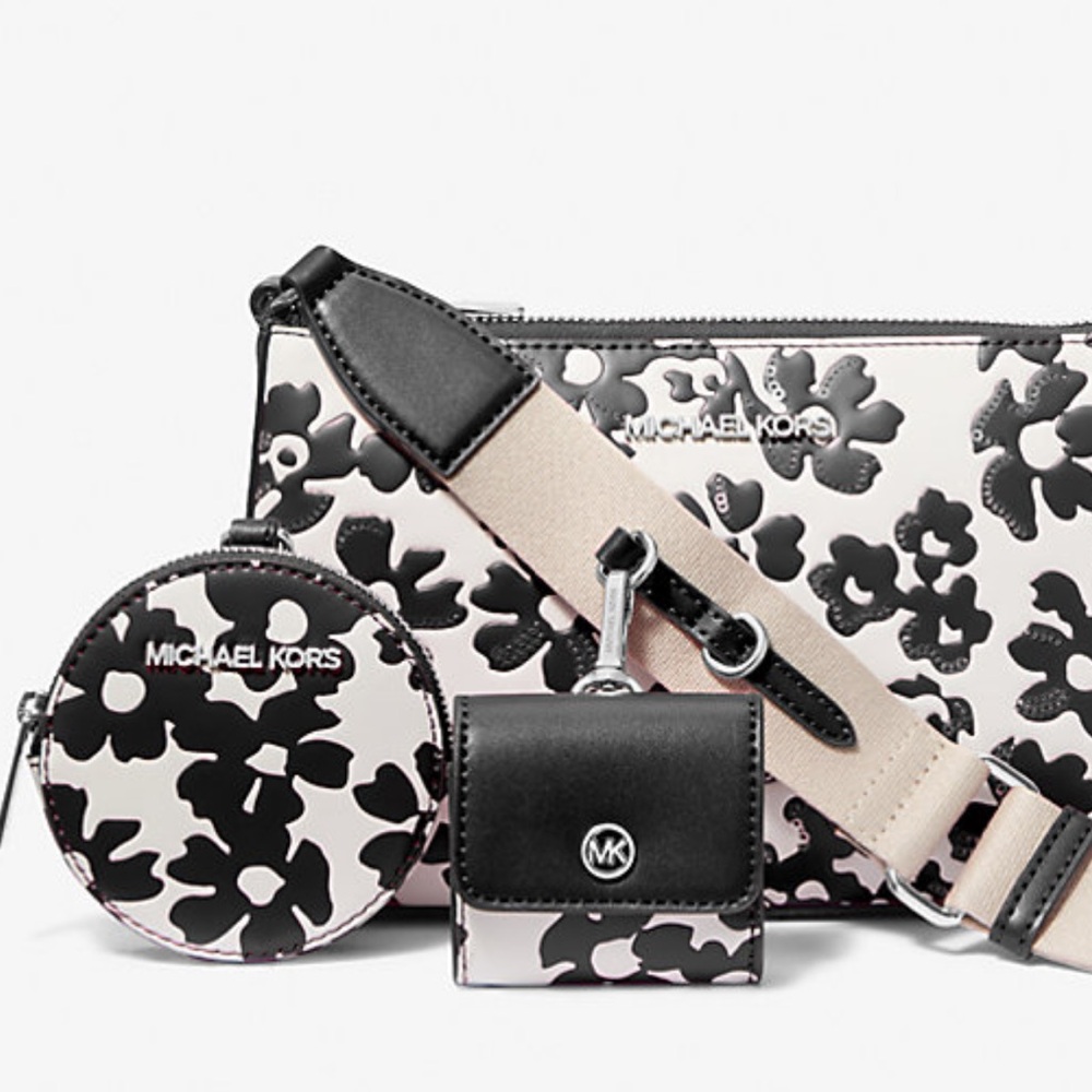 MICHAEL KORS Jet Set Sm Sequined Floral Print Crossbody w Case for Apple Airpods - Picture 3 of 16